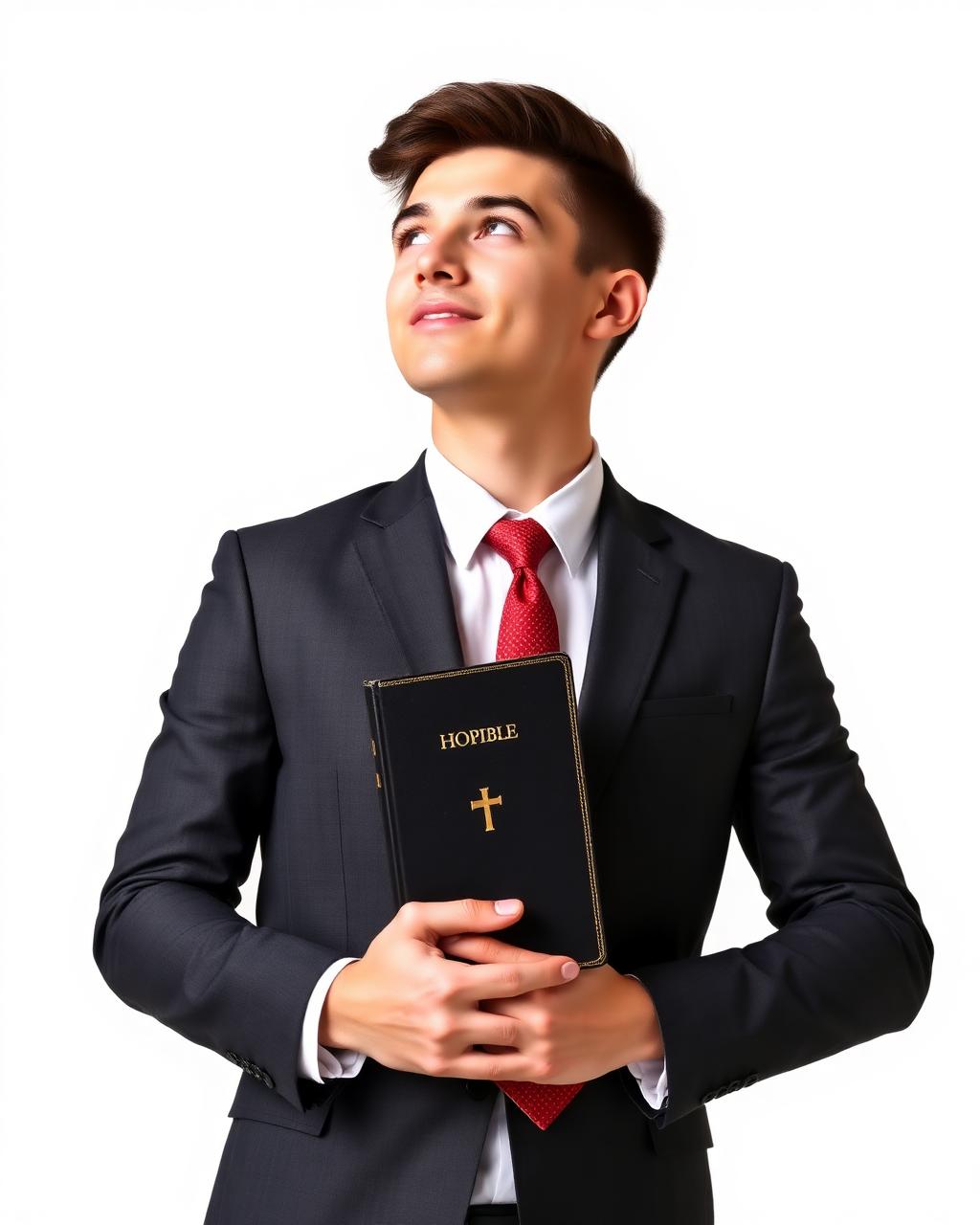 Young man holding a Bible looking up